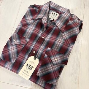 Ely Cattleman Bootban NWT Pearl Snap Red Blue Medium Top